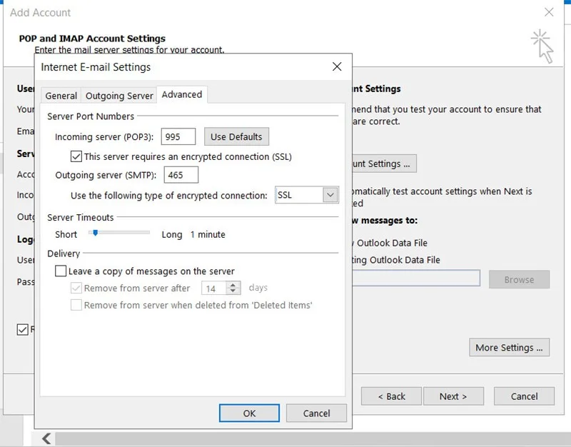 Cách cài đặt email trên Outlook 2016 đơn giản, nhanh chóng Chọn tab Advanced và cài đặt như ảnh dưới. Bấm OK để hoàn thành
